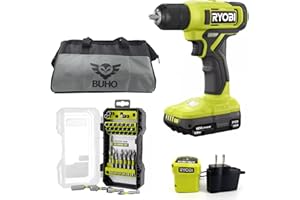 Cordless Drill Set Bundle with Ryobi 18V ONE+ Drill Driver, 3/8 Inch Chuck, 40 Piece Bit Set, 1.5 Ah 18-Volt Lithium-ion Battery, 18-Volt Charger and Buho 16 Inch Tool Bag