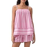 Kiluex Womens 2 Piece Striped Lounge Sets Spaghetti Strap Peplum Cami Tops and Shorts 2 Piece Matching Pj Summer Outfits