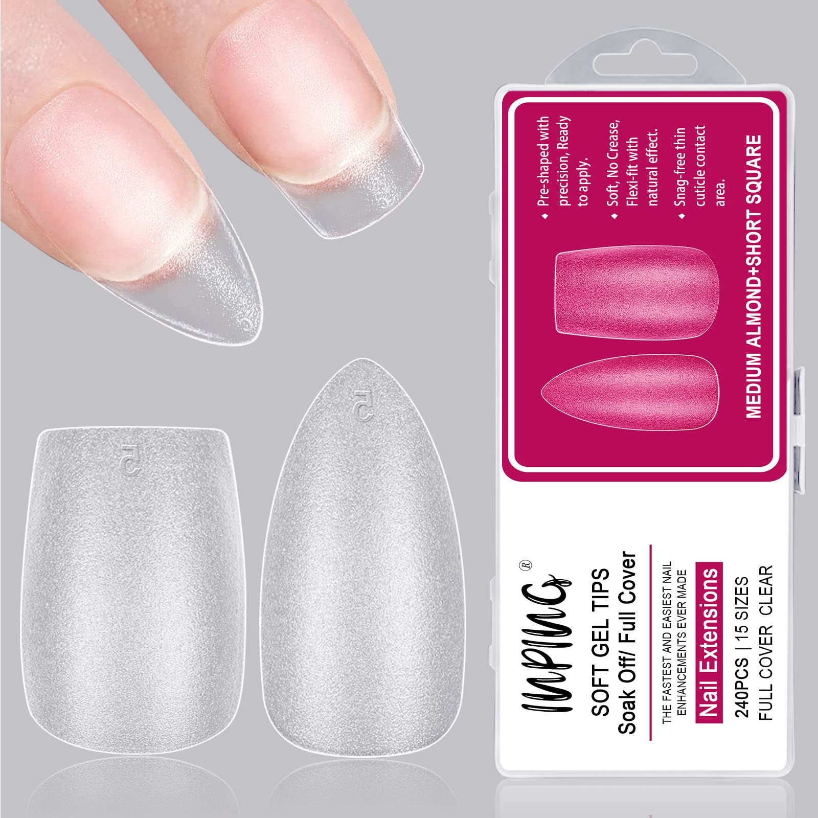 INPING Soft Gel Full Cover Nail Tips, 240PCS No File Tips, Mix Style(Short Square + Medium Almond) Full Matte Gel Tips for Nail Extensions Break Resistant False Nail Tips with Box, 15 SIZE — image 1
