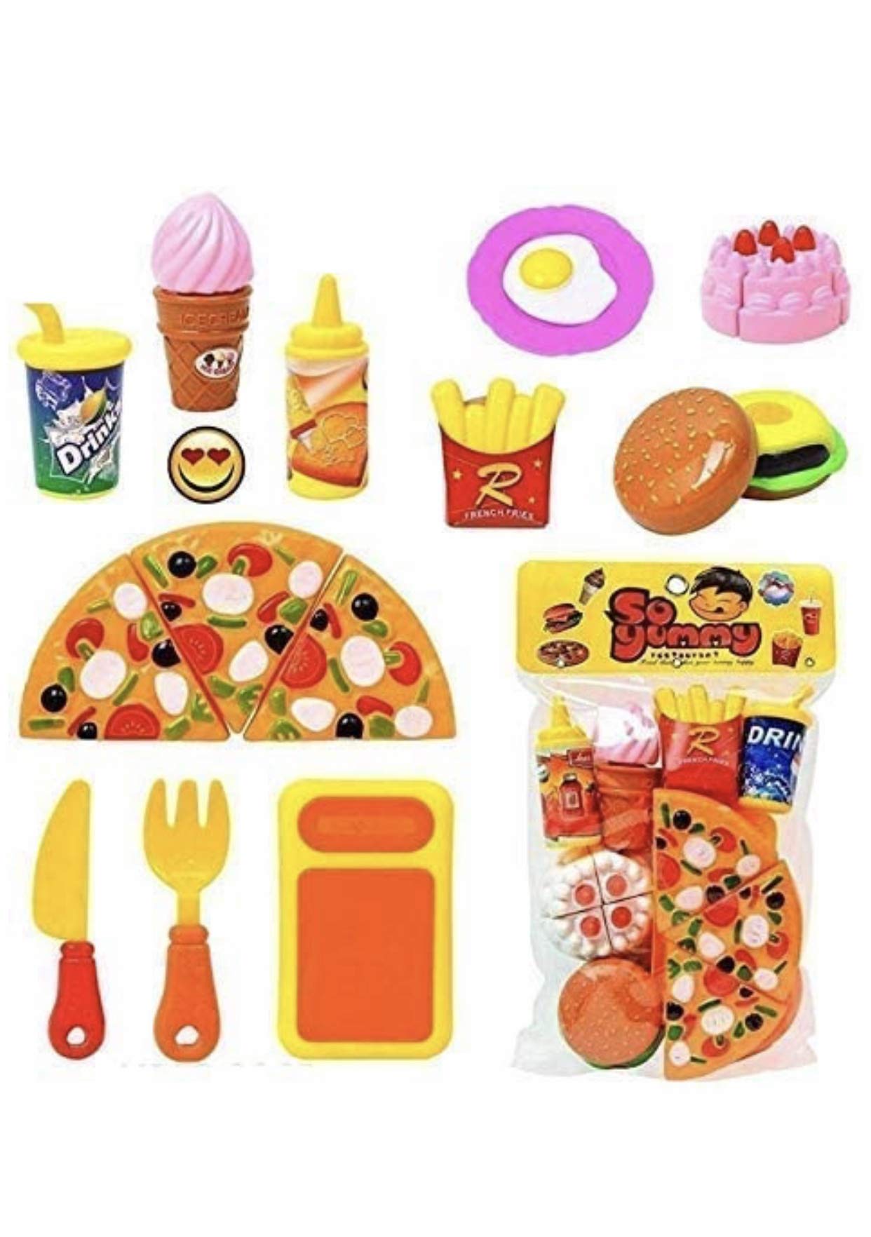 zz zonex fun pizza party fast food pretend cooking & cutting play set toy for kids(multi-color)- Multi color