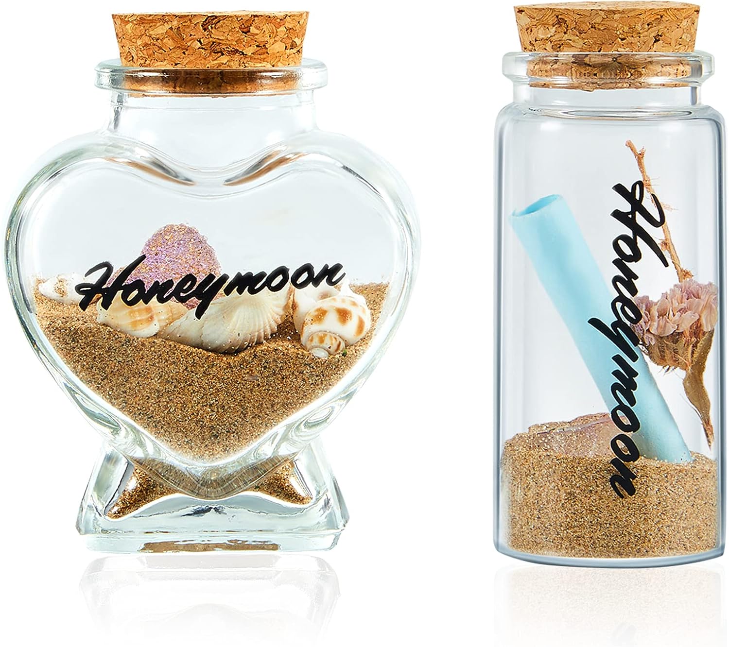 2 Pieces Honeymoon Sand Keepsake Jars Heart Shaped Cylindrical Style Sand Bottle Decors Handwritten Honeymoon Sand Jars Cork Stopper Clear Glass Bottles for Newlywed Couple Wedding Honeymoon Souvenir