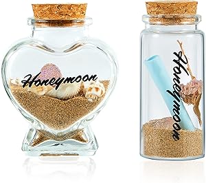 2 Pieces Honeymoon Sand Keepsake Jars Heart Shaped Cylindrical Style Sand Bottle Decors Handwritten Honeymoon Sand Jars Cork Stopper Clear Glass Bottles for Newlywed Couple Wedding Honeymoon Souvenir