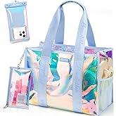 Bagstellar Iridescent Beach Tote Bags for Women, Large Zipper Beach Pool Swim Bag with Makeup Bag & Waterproof Phone Pouch | Waterproof Sandproof, Adjustable Strap, Packable, Foldable, Travel Tote Bags, Vacation Essentials, Gift for Women
