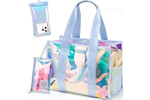 BAGSTELLAR Beach Bag for Women Clear Iridescent Zipper Pool Swim Beach Tote Bag w/Makeup Bag & Waterproof Phone Pouch Summer Essentials