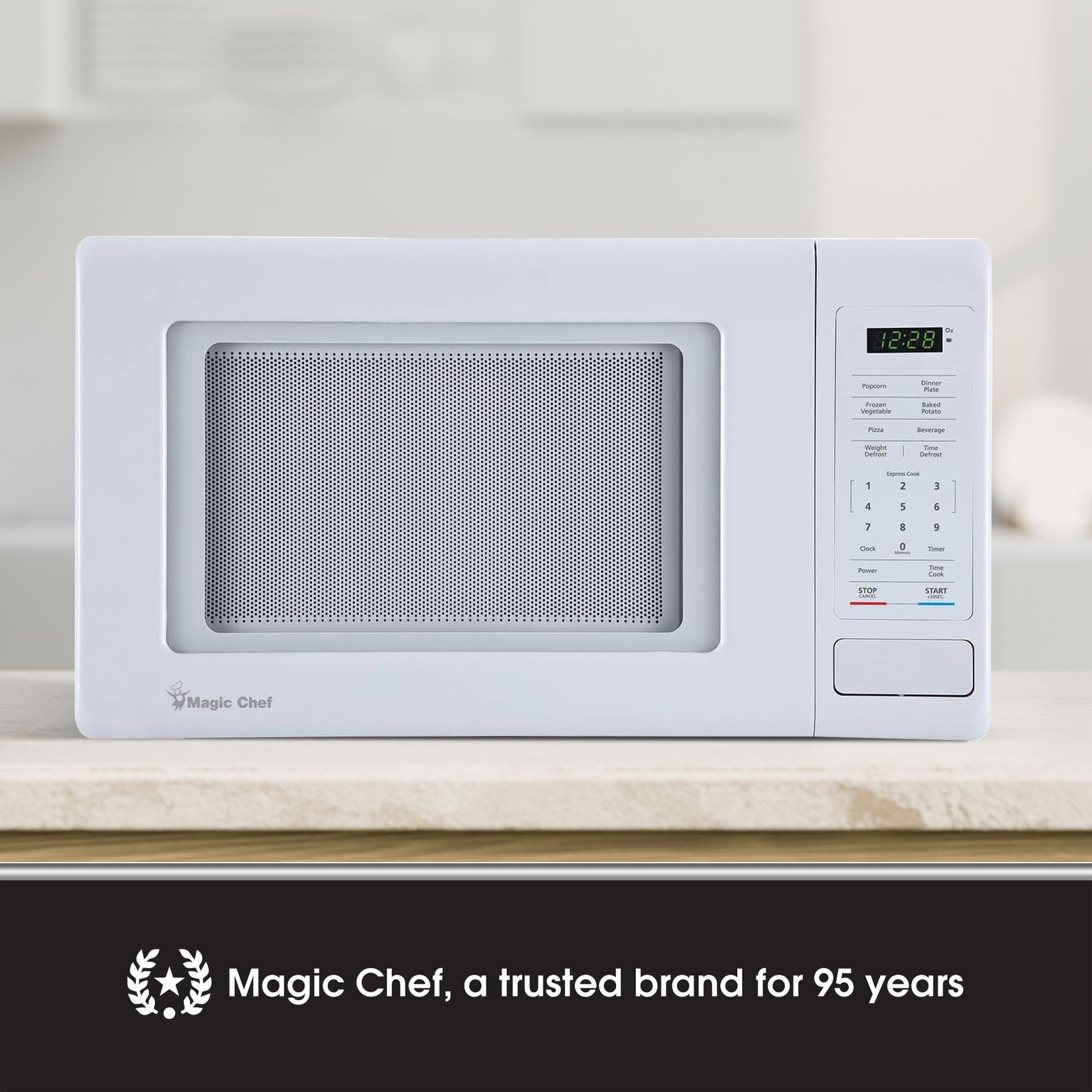 Magic Chef 0.9 Cubic Feet 900 Watt Small Stainless Countertop Microwave Oven for Compact Spaces w/ 6 Pre Programmed Cooking Modes, White