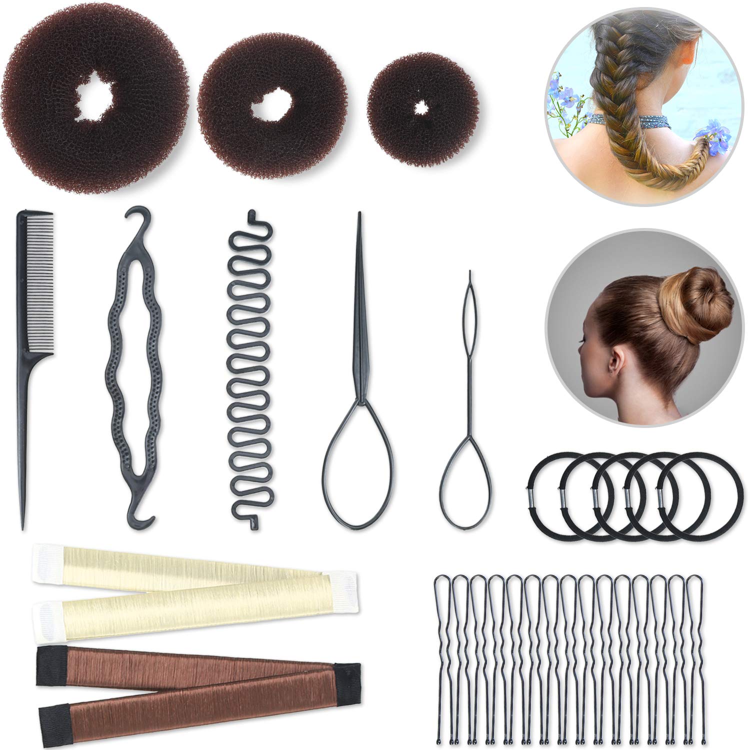 Hair Styling Set Hair Braid Tool 3 Pieces Donut Hair Bun Tool 2 Pieces French Magic Twist Hairstyle Clip Rollers 15 Pieces U-shaped Hair Pins 5 Pieces Hair Ropes for Women Girls: Beauty