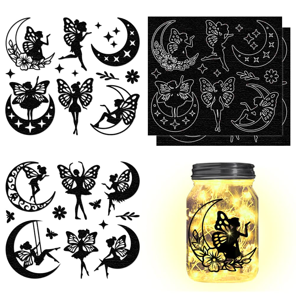CHGCRAFT 4pcs Fairy Silhouettes Cutouts Decals Moon Star Butterfly Mason Jar Cutouts Ornaments Scrapbook Supplies for Frosted Glass Wall Decoration DIY Crafts, 5.91x6.69inch