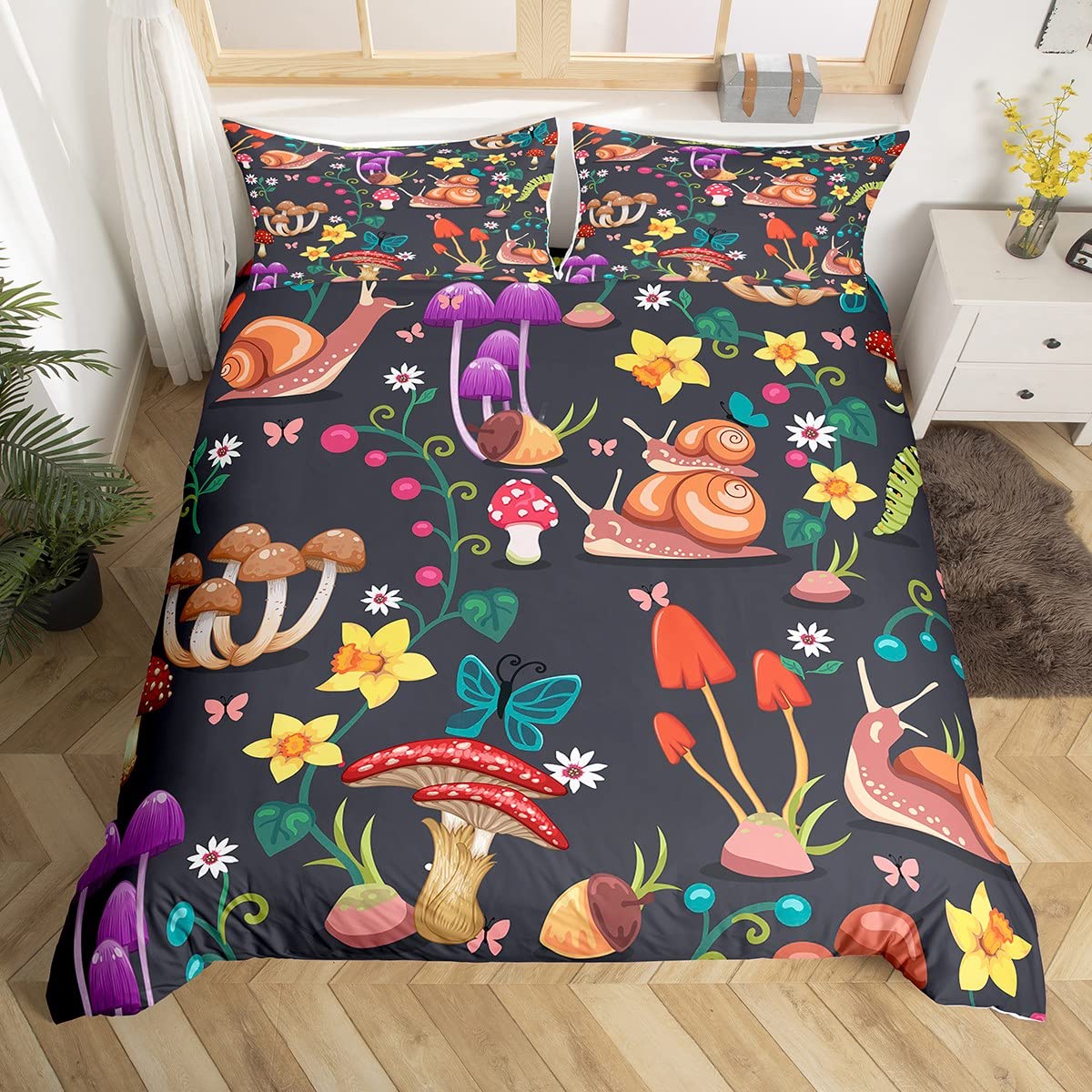 Snail Duvet Cover Animals Theme Comforter Cover Set with Zipper Ties Mushroom Rose Flower Brown Ultra Softest Garden Bedding Set for Teens Exotic Style Single Bedspread 2Pcs Bedding Set