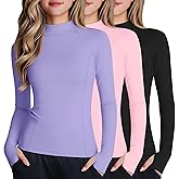 LessonZoo 3 Pack Girls Long Sleeve Athletic Shirts Mock Turtleneck Quick Dry Tops Kids Sports Yoga Tees with Thumb Holes