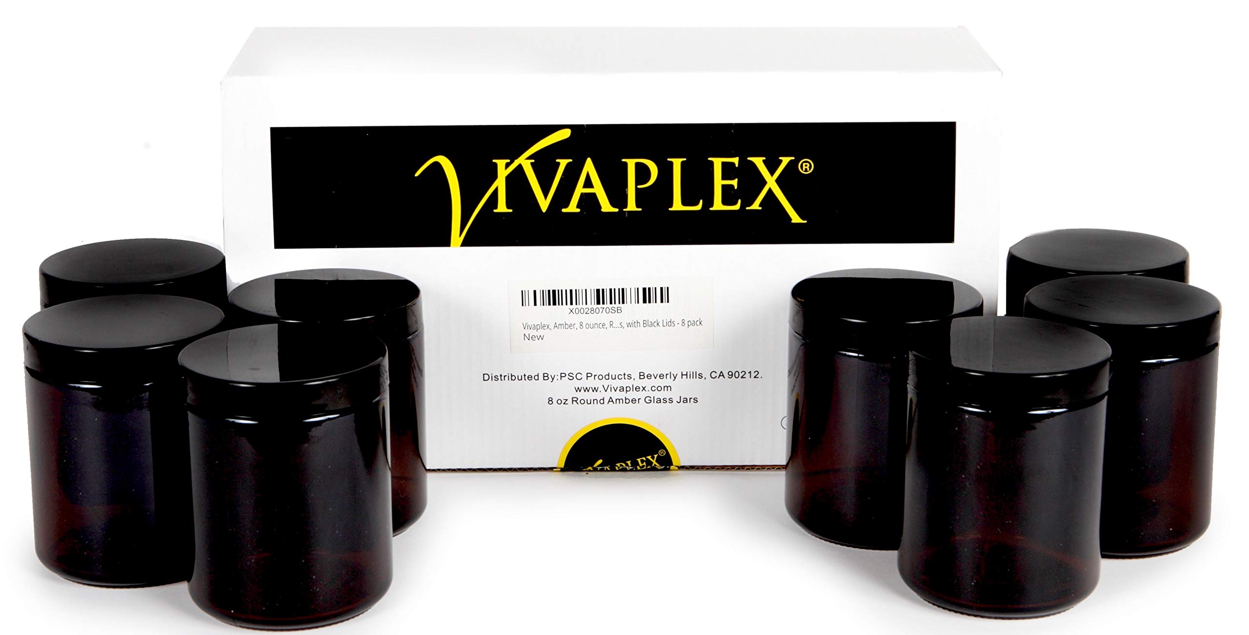 Vivaplex Amber, 8 ounce, Round Glass Jars, with Black Lids - 8 pack