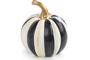 MacKenzie-Childs Courtly Stripe Black-and-White Mini Decorative Pumpkin for Fall Decor, Autumn Decorations for Home