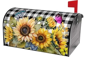 IDENTIY Mailbox Covers Magnetic Standard Size,Sunflowers Butterfly on Black White Buffalo Check Plaid Magnetic Mailbox Covers 18"x21",Spring Summer Mailbox Covers Magnetic for Holiday Outside Yard Decor
