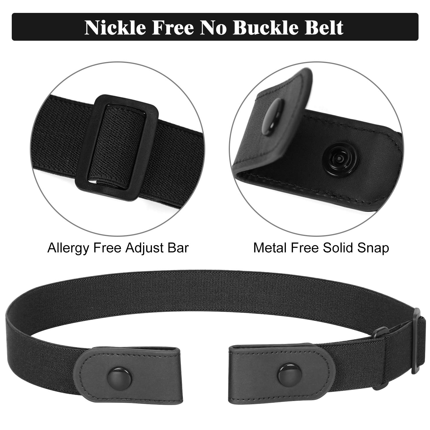 Buckle-Free Women No Buckle Invisible Stretch Belt For Jeans, Black, Large(Pants Size 34-48 Inches)