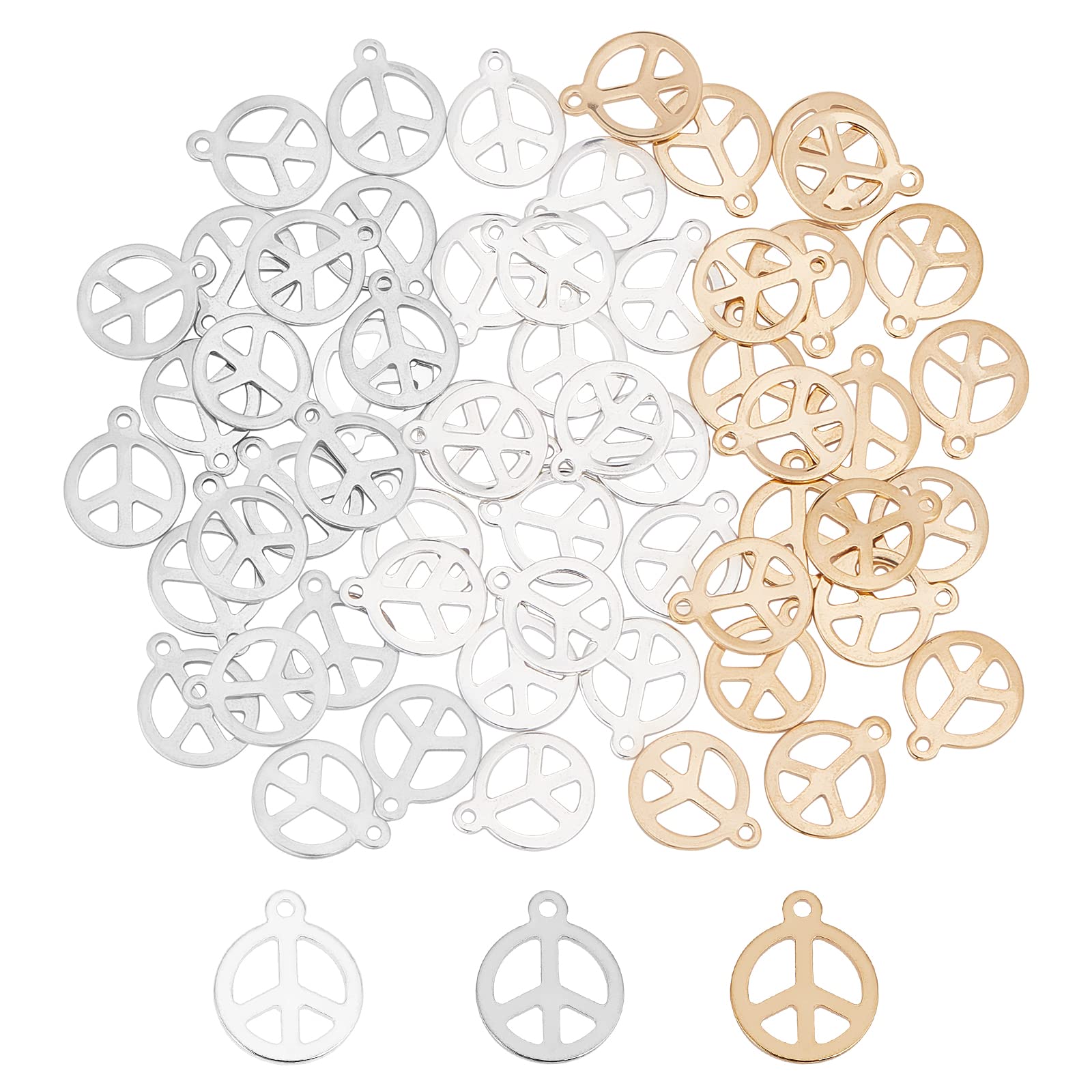 UNICRAFTALE 60pcs 3 Colors Peace Sign Pendants Stainless Steel Peace Charms Metal Peace Pendant Necklace Earring Peace Symbol Charms for Necklace Jewelry Making, Hole 1.4mm