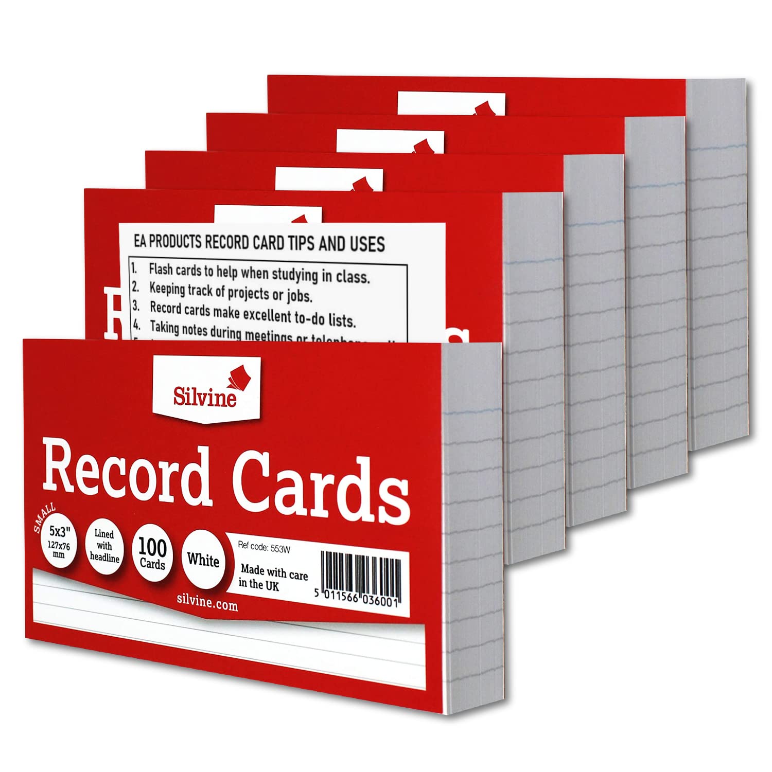 Silvine Record Card Bulk Pack of 500 | 5 x 100 5x3” White Lined with Headline – Size Small 127 x 76mm with EAP Tips and Ideas