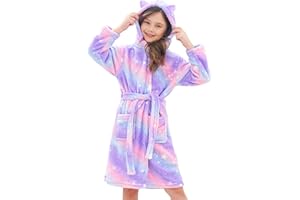 Doctor Unicorn Girls Leopard Cat Robe Kids Fleece Warm Hooded Bathrobe