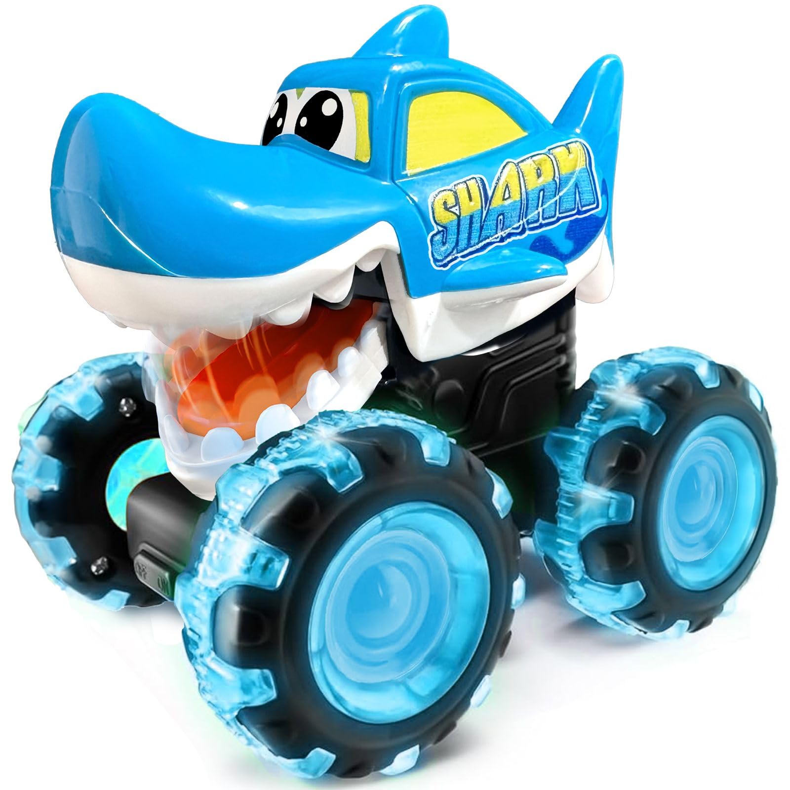 Photo 1 of ***Wheels 2 was broken off 1 missing*** - Shark Monster Truck Toy - Light Up Chomping Pull Back Truck - Press and Go Cars for Easter Basket Stuffers, Boy Birthday Gifts, Toys for Toddlers, Kids Ages 3-5 4-6 5-7 4-8***Wheels 2 was broken off 1 missing***