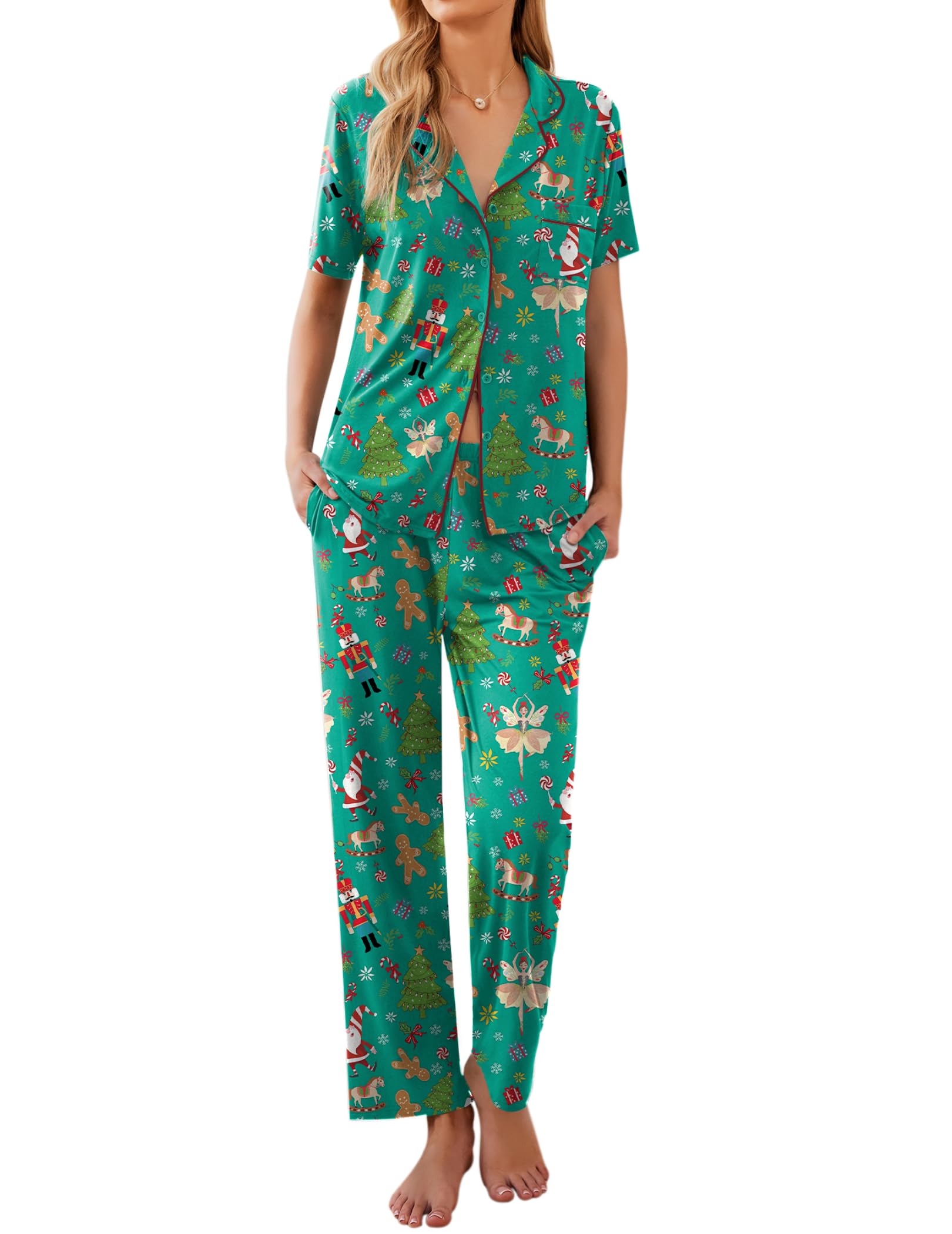 Ekouaer Women Pajamas Set Button Down Sleepwear Short Sleeve Nightwear with Long Pants Soft Pjs Set Green Christmas L Image