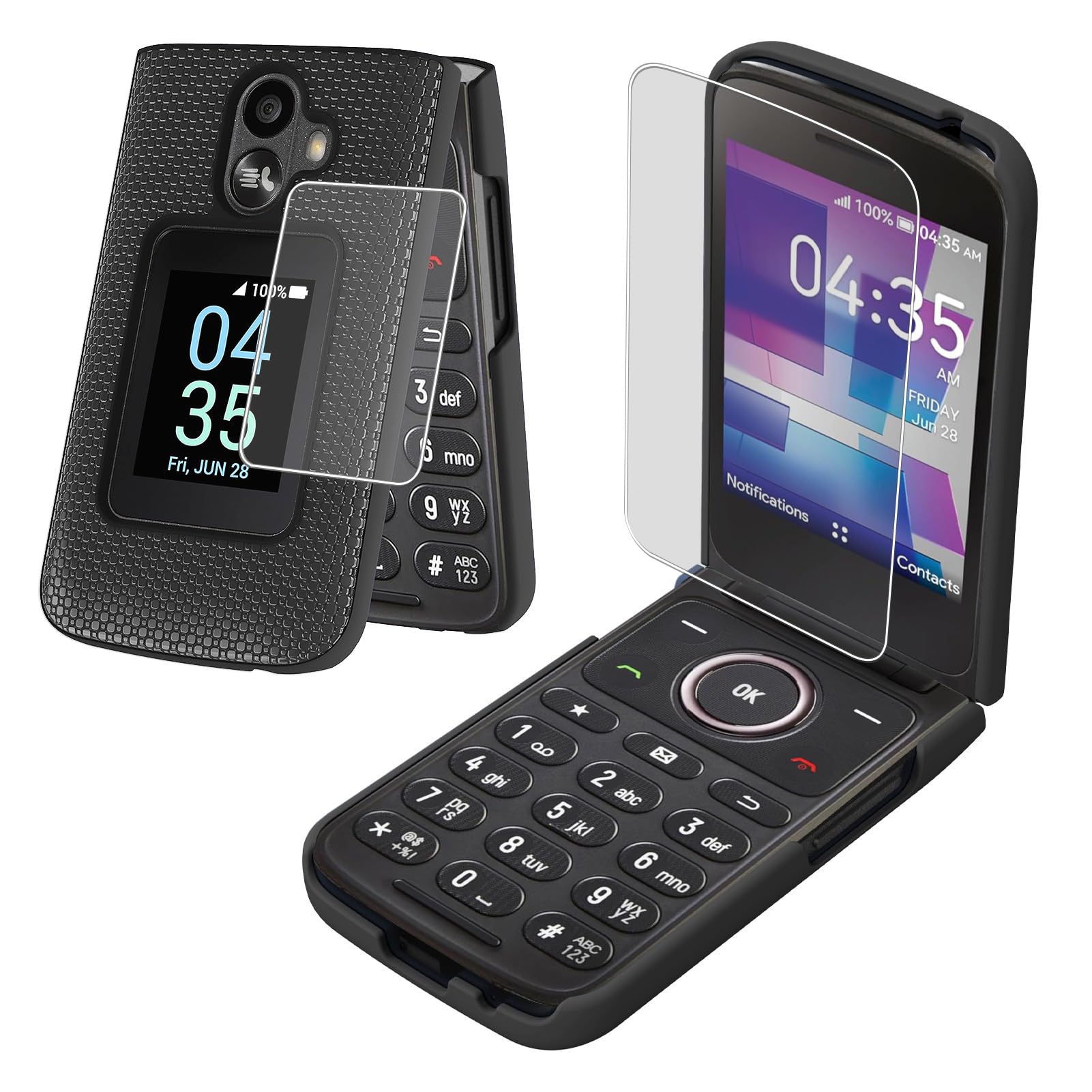 Photo 1 of RYKQ Compatible for TCL Flip 3 Case, with Screen Protector [Not Glass], Shockproof Heavy Duty Cover Phone Case - Slim Hard PC Matte Textured Bumper for T435 (2024)(black)