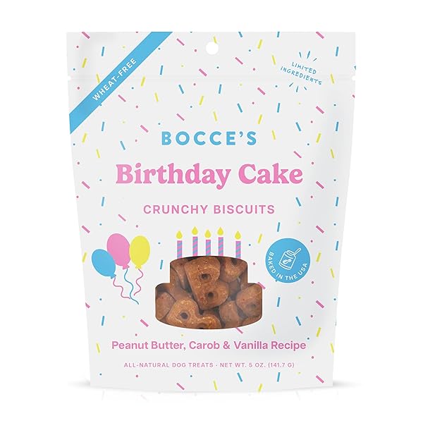 BOCCE’S BAKERY BIRTHDAY CAKE TREATS FOR DOGS – SPECIAL EDITION WHEAT-FREE DOG TREATS, MADE WITH REAL INGREDIENTS, BAKED IN THE USA, ALL-NATURAL PEANUT BUTTER VANILLA BISCUITS, 5 OZ