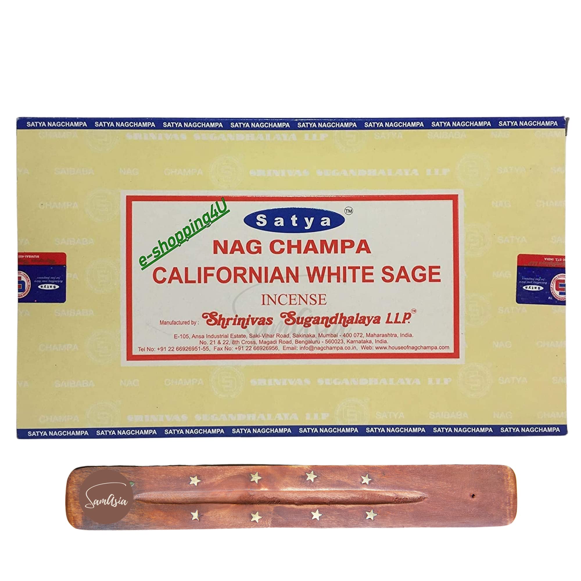 Satya Nag Champa Californian White Sage Incense Sticks | x12 pack | with SAMASIA incense sticks holder | Used for Caomatherapy, Spa, Yoga, Weddings, Meditation, Healing, Positivity and Relaxation