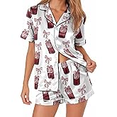 ELUNORUS Women’s Silk Satin Pajama Set Short Sleeve Button Down 2 Piece PJs with Shorts Valentine’s Day Pajamas