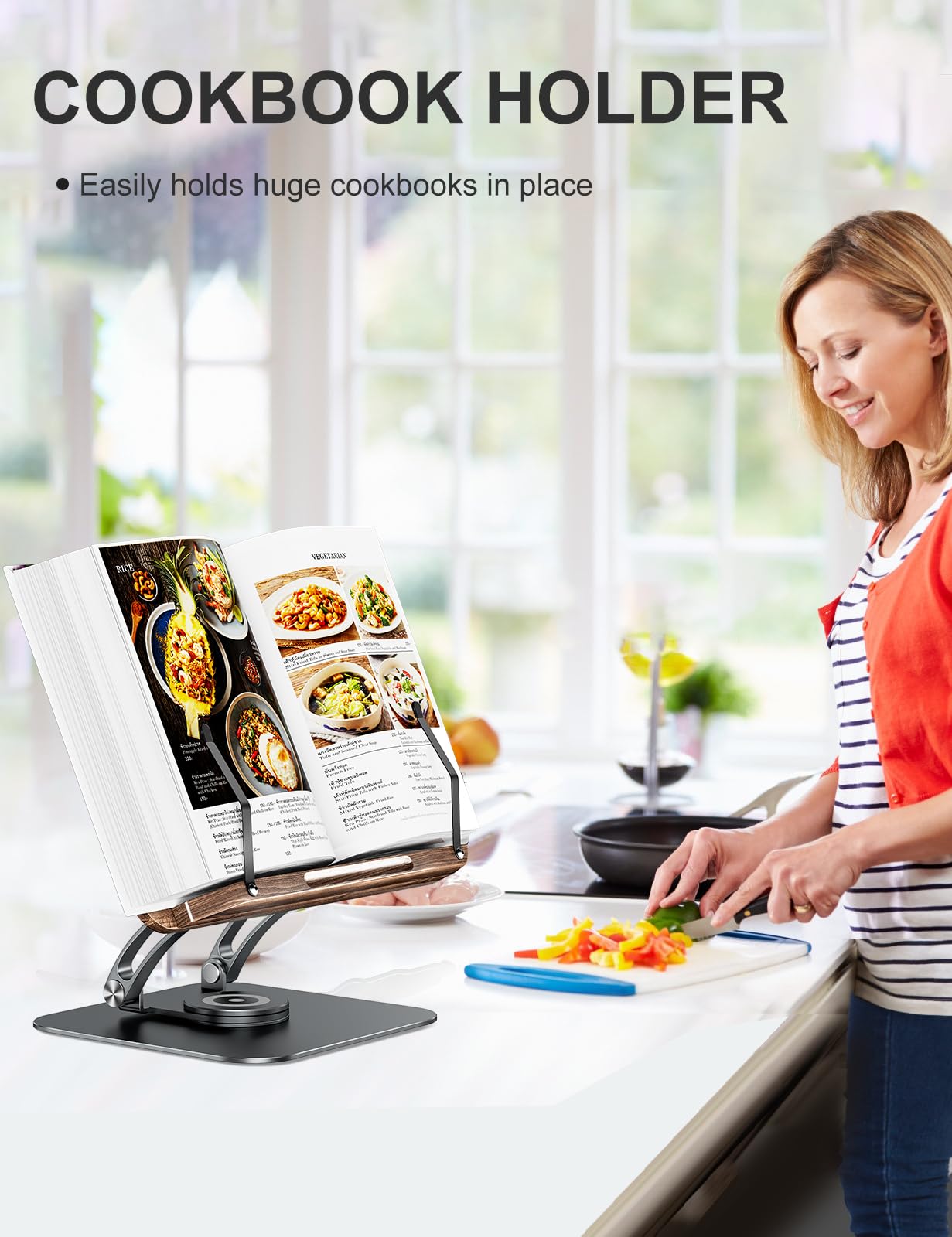 Tounee Book Stand for Reading, Adjustable Book Holder with 360° Swivel Base, Foldable Cookbook Stand Recipe Book Holder with Elastic Page Clips for Music Scores, Recipe, Tablet, Laptop-Gray