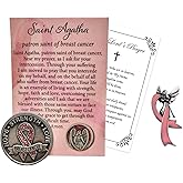 Breast Cancer Token - Breast Cancer Prayer Token with St Agatha Prayer Card, Breast Cancer Ribbon Pin, The Lord's Prayer Card - St Agatha Patron Saint of Breast Cancer Inspirational Set - 3 Item