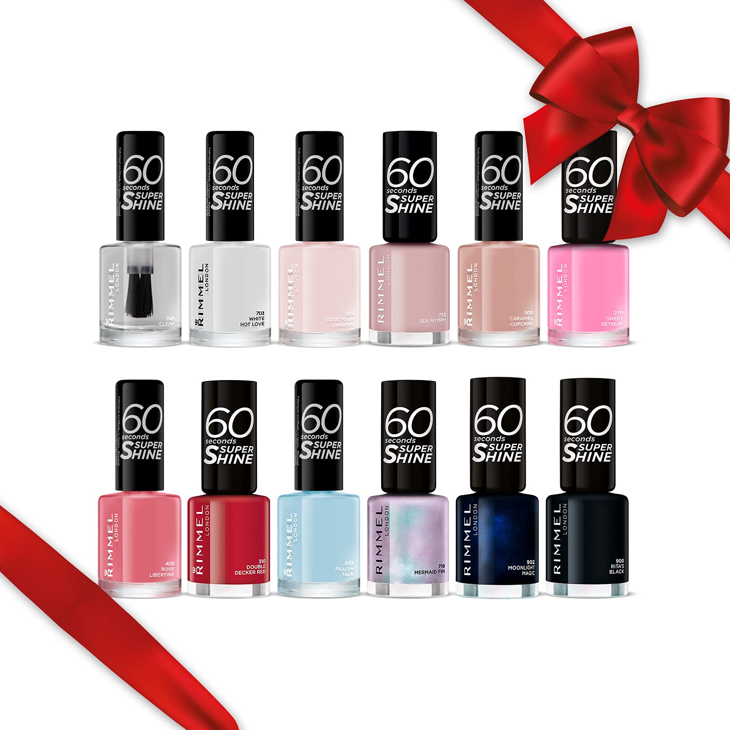 RIMMEL LONDON - 60 Seconds Super Shine Nail Polish Set - Super Glossy, Ultra Shiny Finish - Precise One Stroke Application - Up To 10 Days Wear - High Impact Colour - 12 Assorted Shades