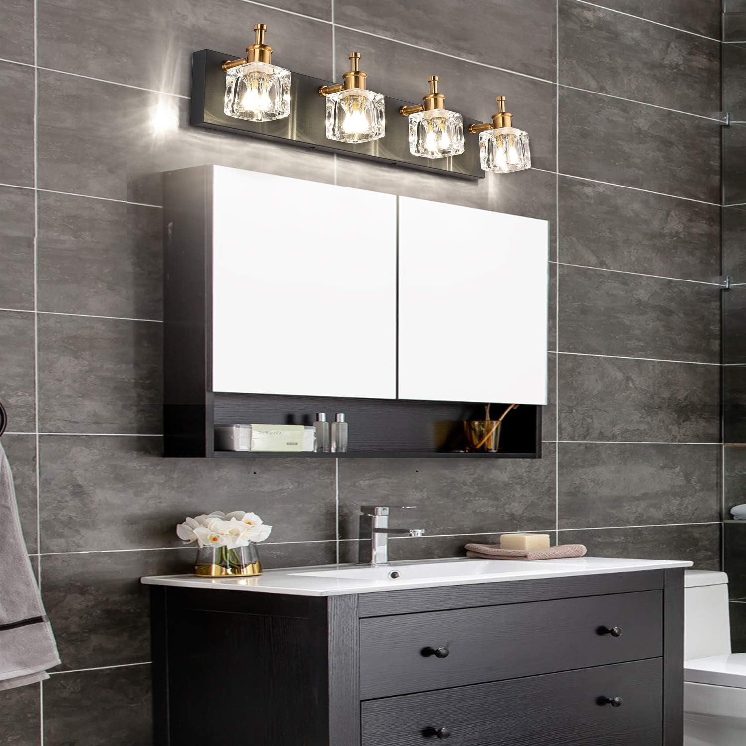 PRESDE Bathroom Vanity Light Fixtures Over Mirror Modern LED 4 Lights Black Wall Mirror Lighting - - 