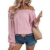 EVALESS Long Sleeve Shirts for Women Winter Tops Vacation Outfits Women Clothing Fashion 2026 Cute Puff Sleeve Blouses Off The Shoulder Blouses Dressy Casual Pink Tunic Tops, X-Large