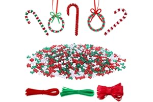 YBB 1500 Pcs Christmas Tri-Shaped Beads Ornament Kit with 50 Pieces Chenille Stems and Red Ribbon, Plastic Tri Beads for Christmas Tree Candy Cane Wreath DIY Hanging Decoration