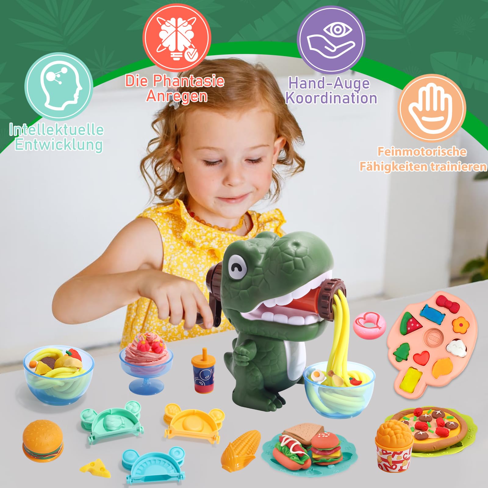 VBACALA Dinosaurier Knete Set 42-teilig mit Kitchen Creations Nudelmaschine,5 Dino Eierformen,12 Farben Knetmasse und Knetwerkzeug,Kreatives Spielzeug Geschenk für Kinder ab 3 Jahre Jungen&Mädchen 6