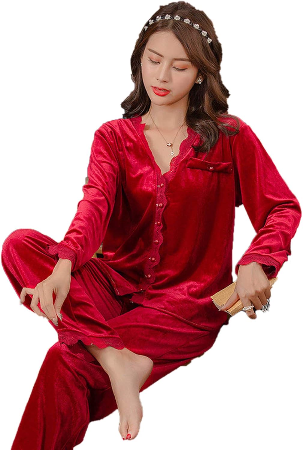 Sexy VNeck Pajamas Set Sleepwear Velour 2PCS Shirt&Pants Lace Trim Autumn Sleep Set Female