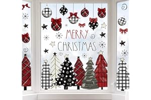 Whaline 9 Sheets Merry Christmas Window Clings Red Black Xmas Tree Ball Snowflake Window Stickers Plaid Polka Dot Design Double-Side Glass Decals for Home Party Decorations, 7.9 x 11.8 Inch