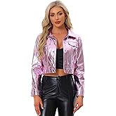 Allegra K Metallic Jacket for Women Moto Biker Jacket Holographic Shiny Crop Party Jackets