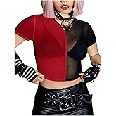 SHENHE Women's Plus Size Goth Punk Sheer Mesh Top Color Block Short Sleeve Slim Crop Top Clubwear