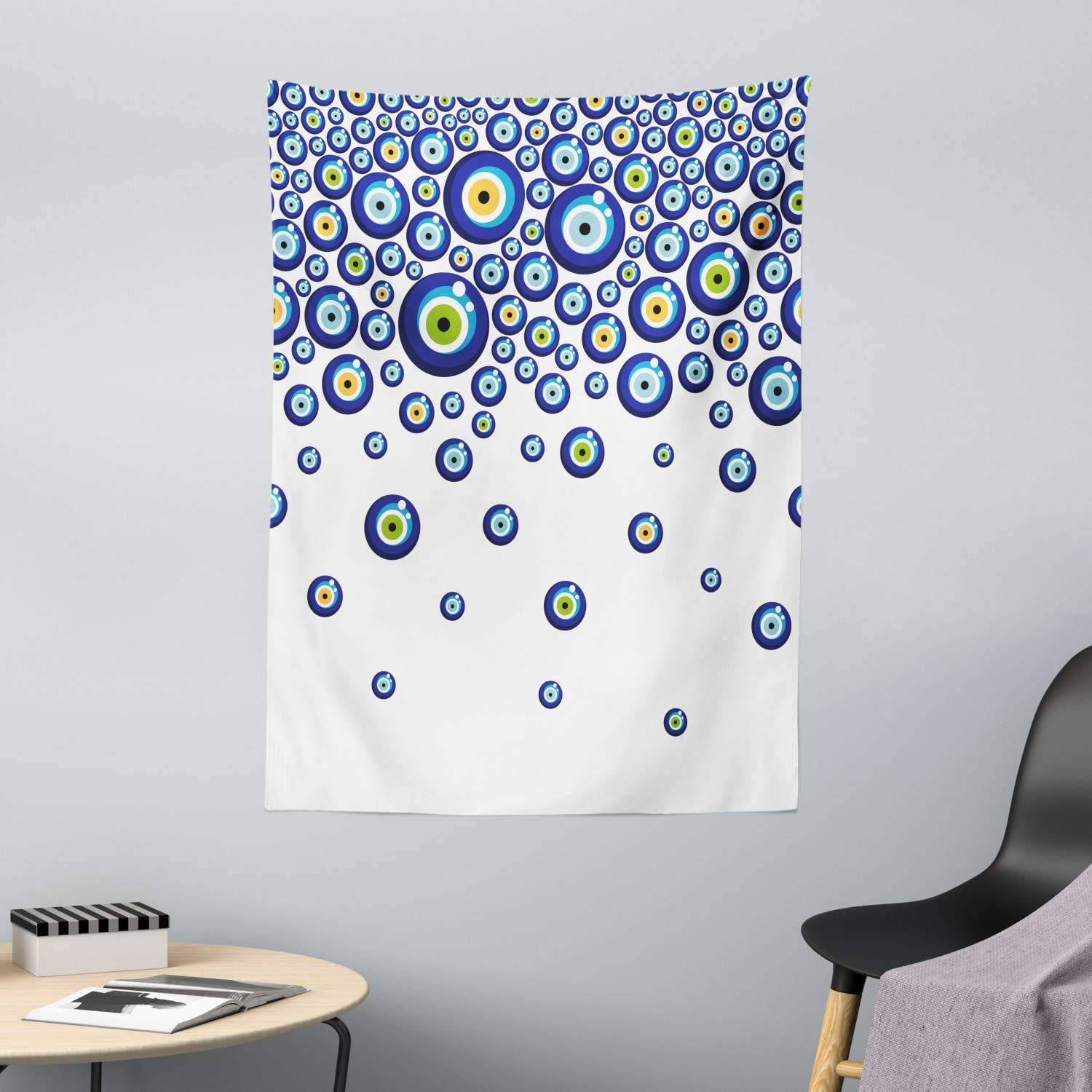 ABAKUHAUS Evil Eye Tapestry, Lively Turkish Amulets Falling Down Positive Ancient Historical Symbols, Fabric Wall Hanging Decor for Bedroom Living Room Dorm, 43 W X 58 L, Marigold Green Blue