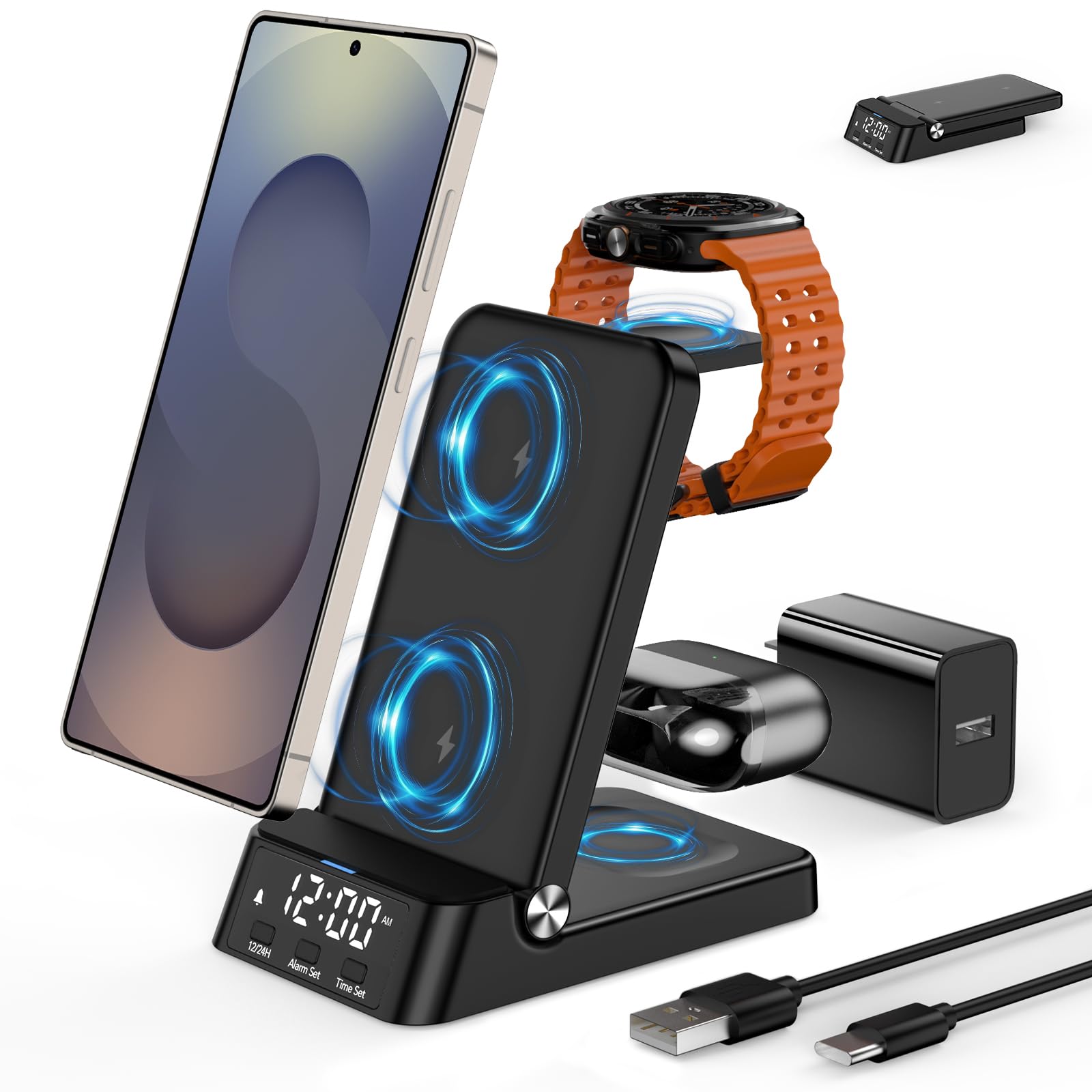 Photo 1 of Wireless Charger with Alarm Clock for Samsung,Foldable 4 in 1 Charging Station for Galaxy Watch 8/7/Ultra/Classic/FE/6,Galaxy S25/Edge/Ultra/S24/Z Flip 7/FE/6/5/Z Fold 7/6/5,Galaxy Buds Charger Stand