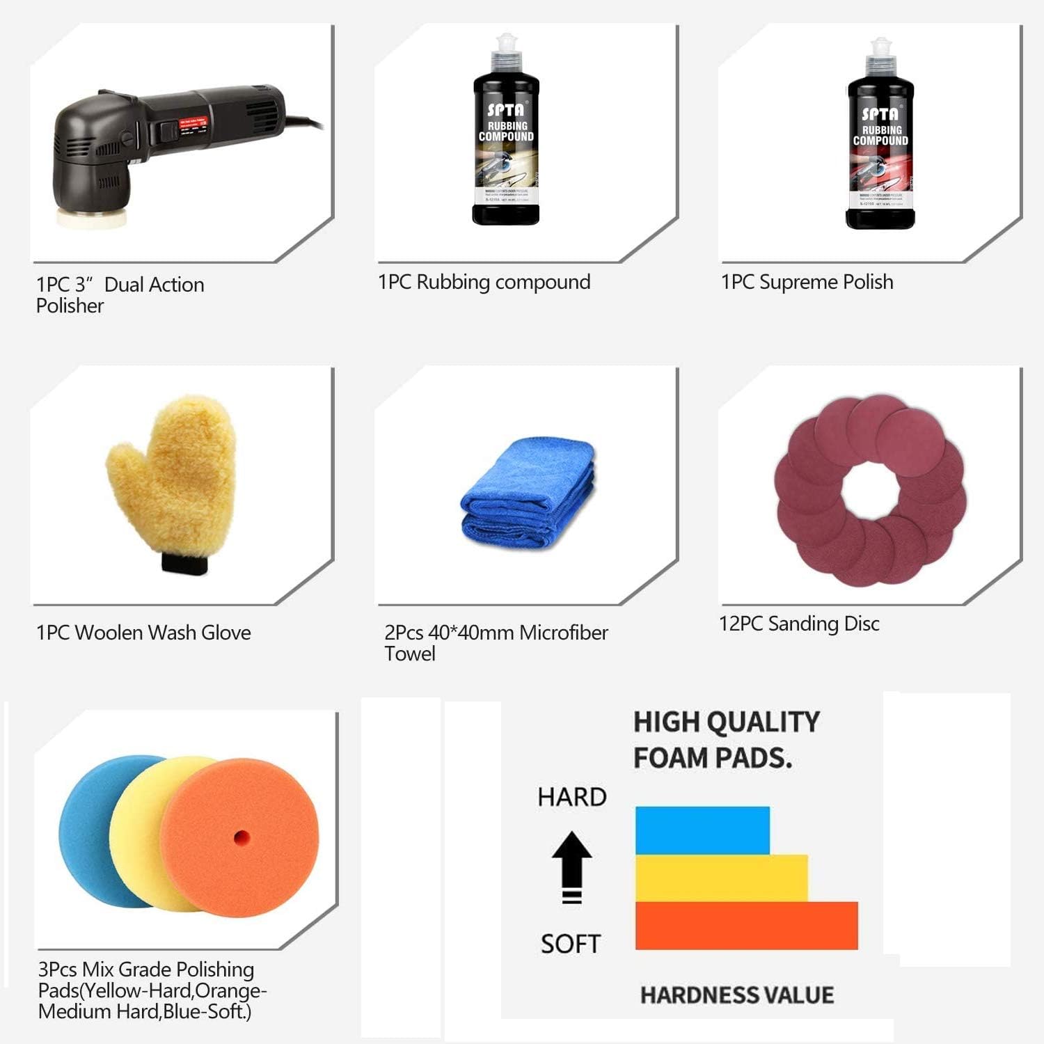 Polisher, SPTA Orbital Car Polisher 3 Inch 10mm/780W Variable Speed Orbit Dual Action Polisher Auto Detailing Tools Come with DA Polishing Pads+Sanding Discs+Pad Conditioning Brush+Car Scratch Remover: Automotive