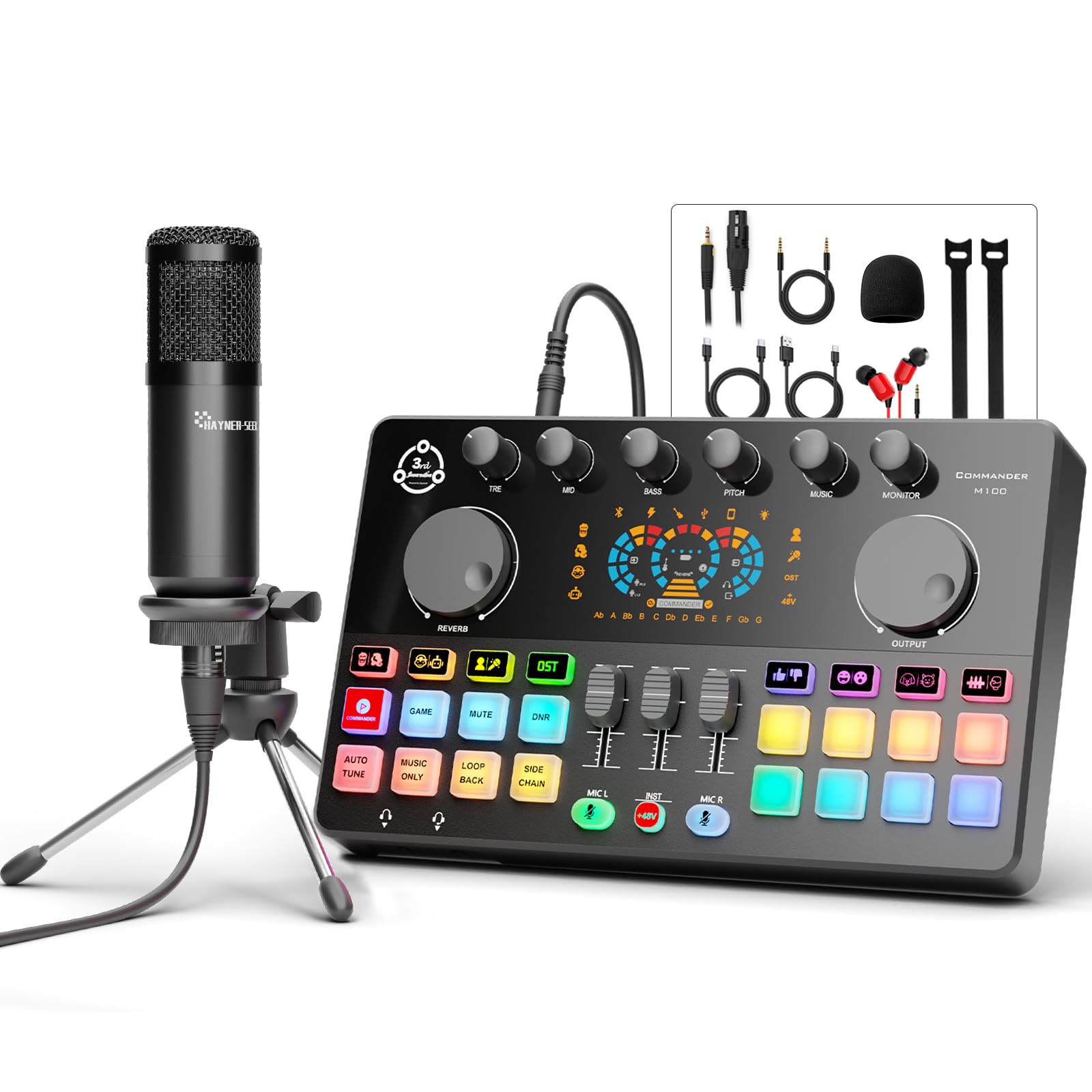 Photo 1 of Podcast Equipment Bundle, Audio Interface and 3.5mm Studio Condenser Microphone Tripod Stand for PC, Phone, Streaming Recording,Singing, DJ, TikTok, RGB, Voice Changer, Denoise, COMMANDER M100 3rd