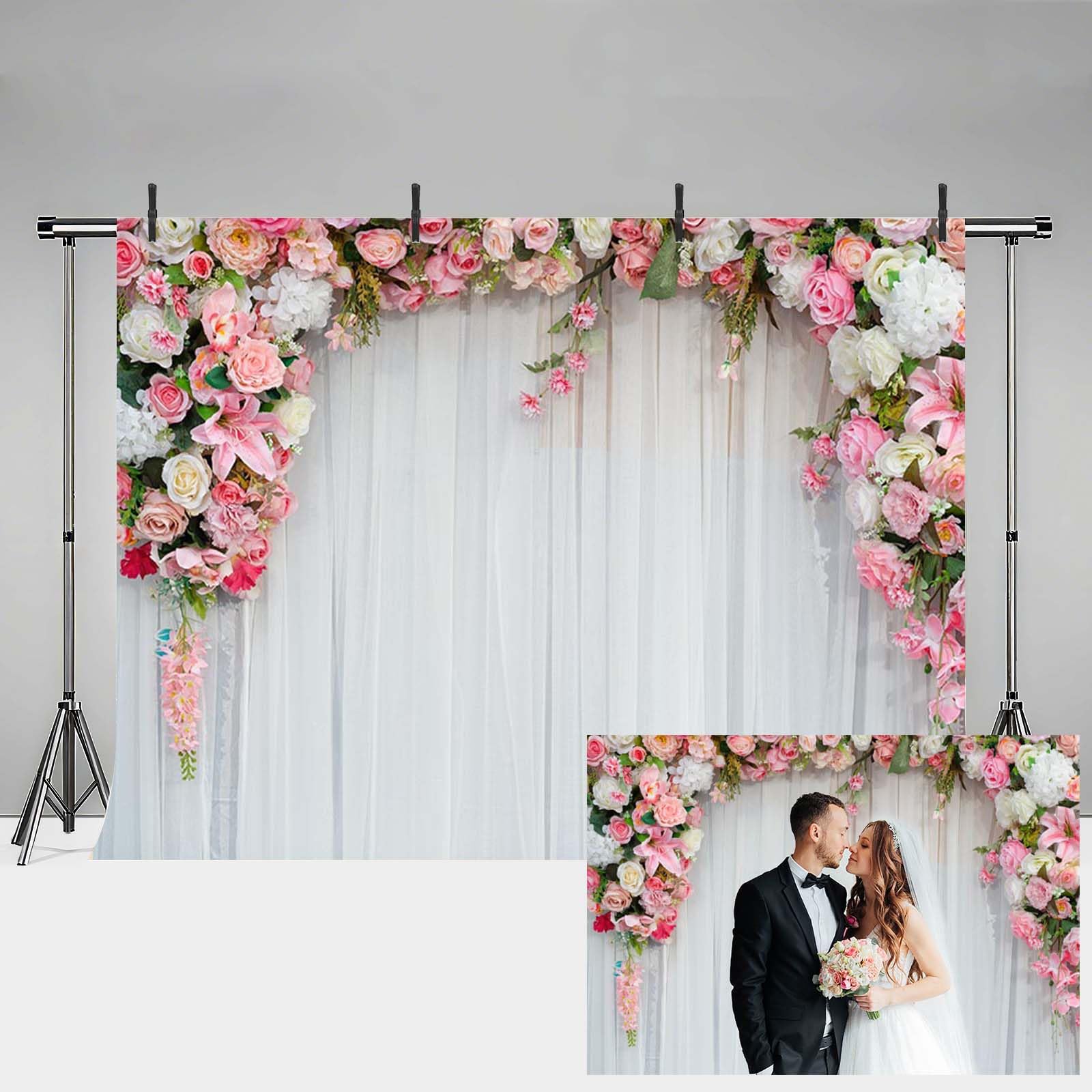 MEHOFOND 7x5ft Pink Rose Flower Bridal Shower Wedding Backdrop for Photography Decoration White Gauze Curtains Girl Portrait Background Birthday Party Banner Photoshoot Studio Booth Props