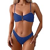 Limeeke Women's Textured Bikini Sets Ruched Two Piece Swimsuit Cheeky 2025 Swim Bathing Suit Royal Blue M