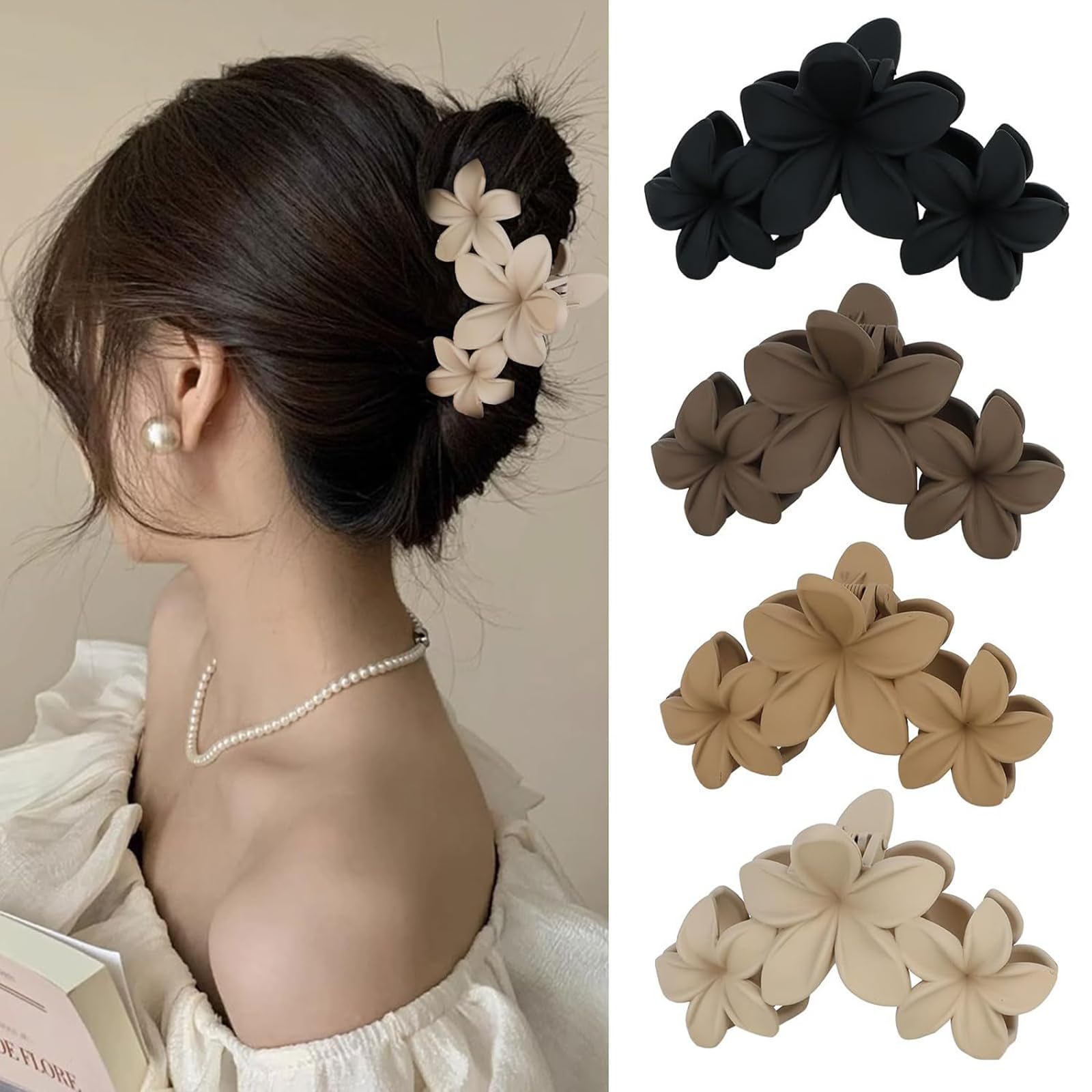 Ling & Bai 4Pcs Flower Hair Claw Big Frosted Clip Cute Strong Hold Headdresses Large Hair Styling Accessories for Women (Black Deep Gray Light Gray Deep Khaki)