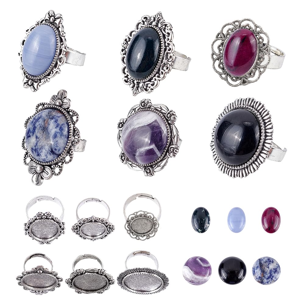 SUNNYCLUE 12pcs 6 Styles Antique Silver Ring Settings Adjustable Blank Hollow Flower Oval Round with Colorful Gemstone Cabochons Ring Making Kit for DIY Jewelry Making Crafts Supplies