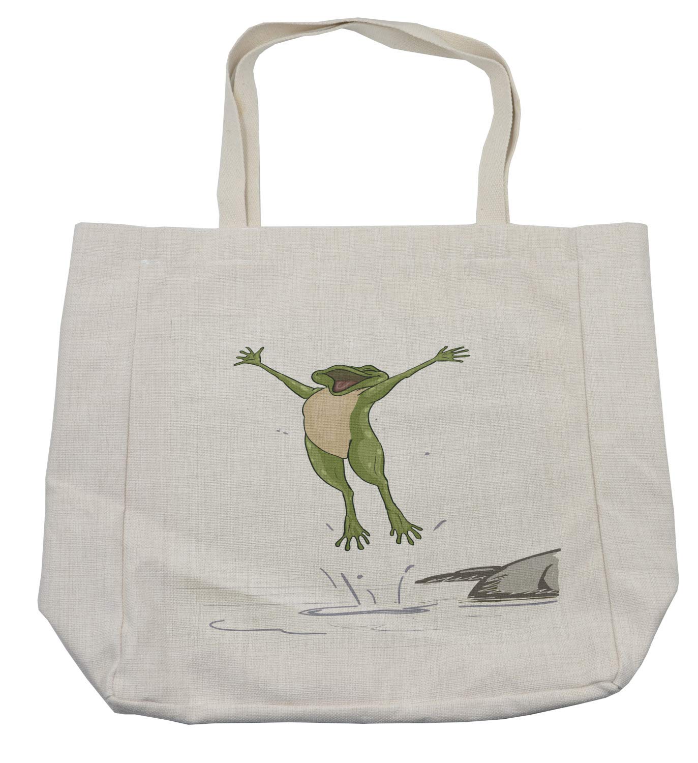 Ambesonne Frog Shopping Bag, Frog Jumping in Excitement in the Water Happy Toad Freedom Relax Lifestyle Humor, Eco-Friendly Reusable Bag for Groceries Beach and More, 15.5" X 14.5", Cream