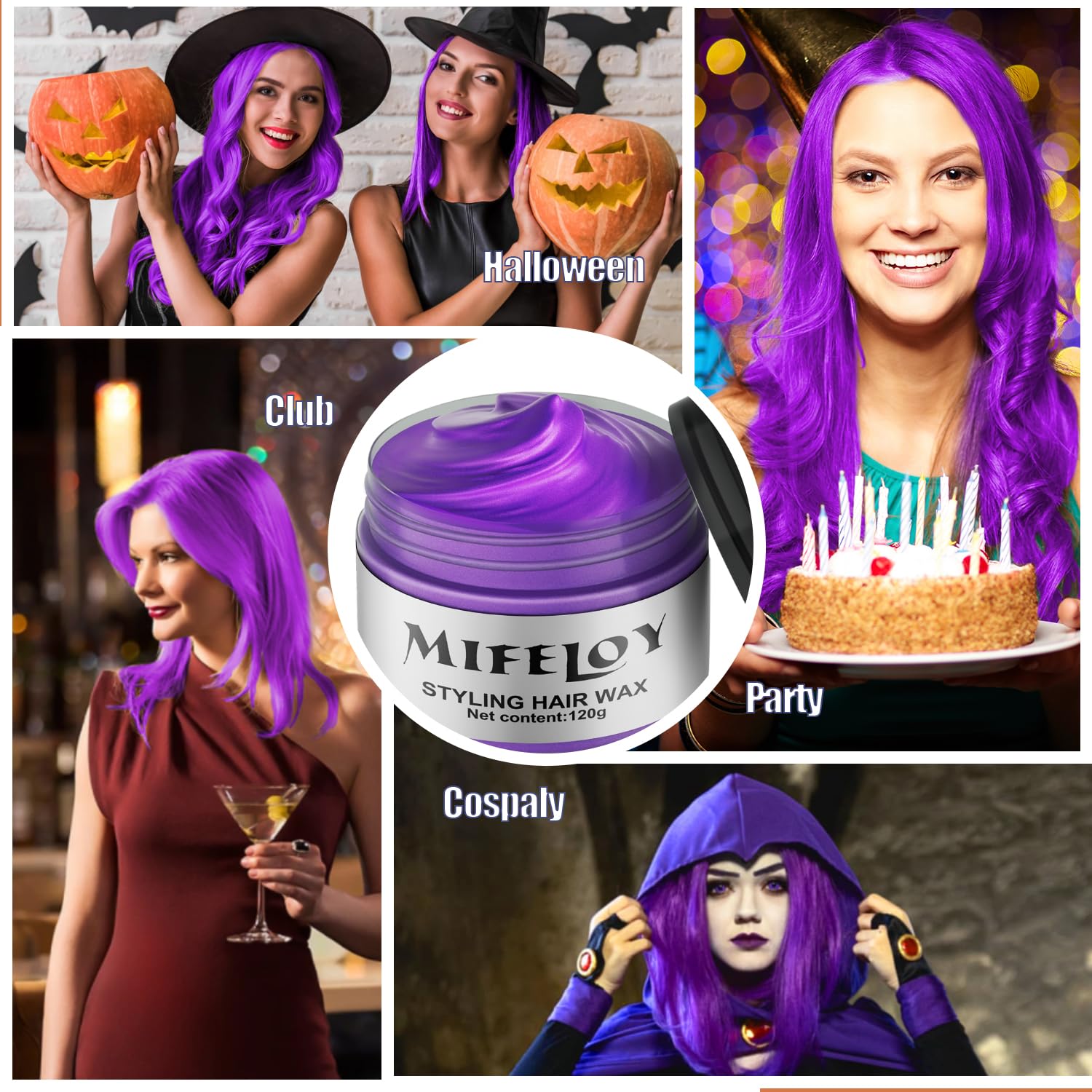 Purple Temporary Hair Color Wax, Instant Natural Violet Hairstyle Cream Dye, Washable Styling Pomades for Girls Women Youth, Disposable Coloring Mud for Party Cosplay DIY Halloween