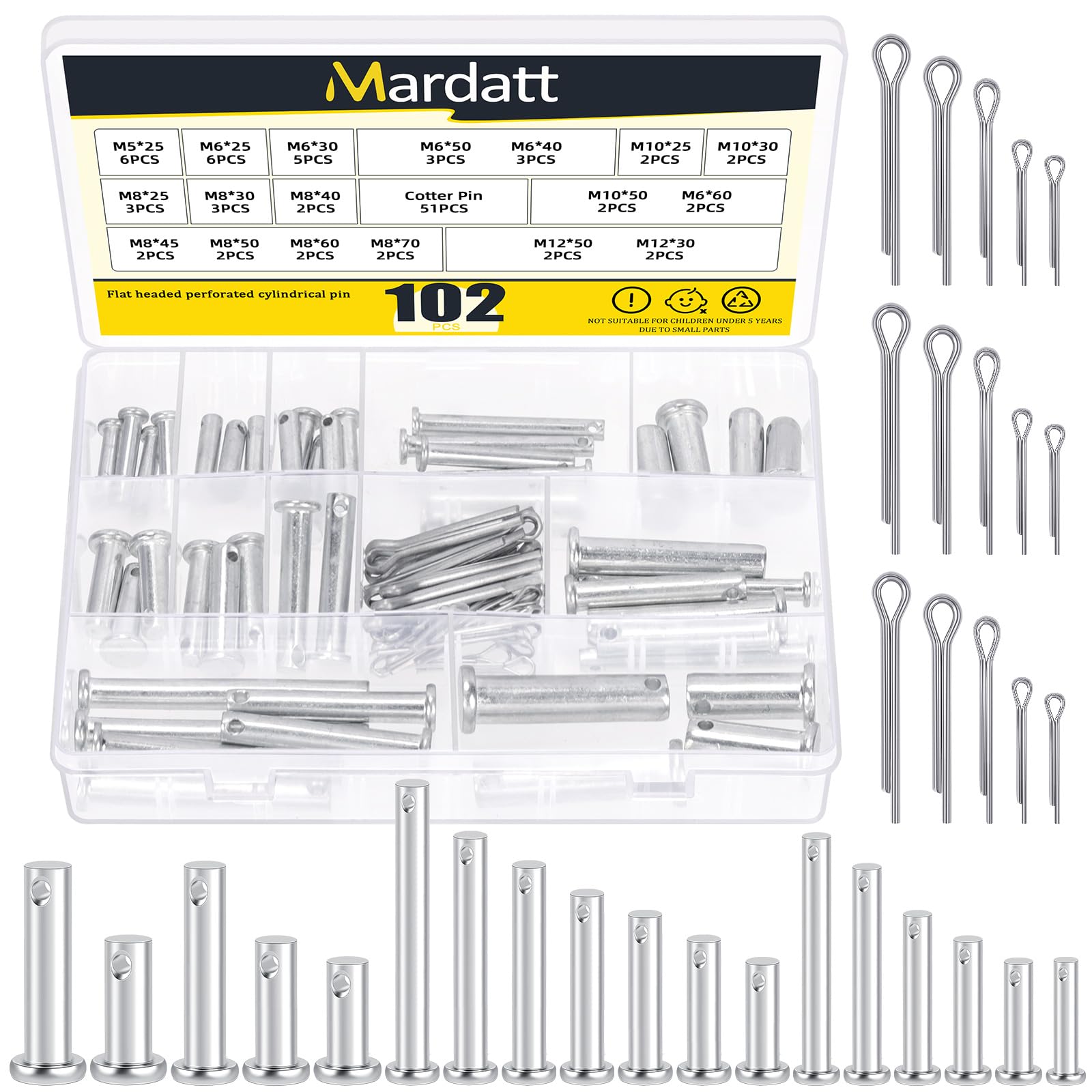 Mardatt 102Pcs 18 Sizes Carbon Steel Flat Head Clevis Pins with Random Size Split Cotter Pin Assortment Kit, M5 M6 M8 M10 M12 Zinc-Plated, Silver