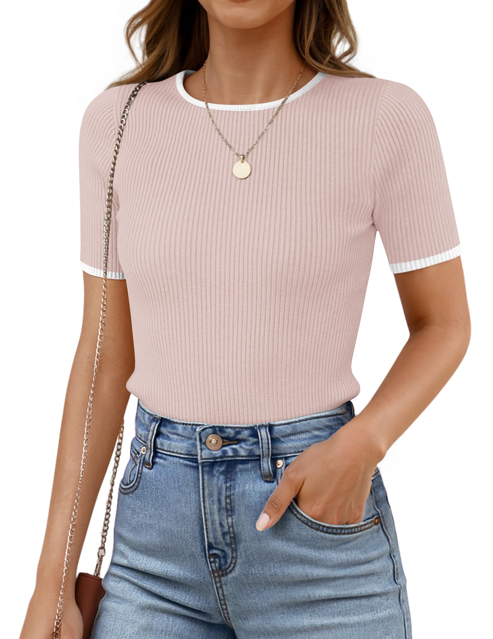 Photo 1 of *****SIMILAR******ZESICA Women's Summer Short Sleeve Ribbed Knit Slim Fit T Shirt 2026 Crewneck Basic Casual Color Block Tee Tops,Dusty Pink,Medium