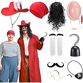 Shyyween 13 Pcs Halloween Pirate Captains Boatswain Couple Costume Accessories Set, Include Hook Wig Mustache Feather Hat Eye Patch Fake Belly Beanie Hat Glasses Eyebrow Mustache for Men Women Cosplay